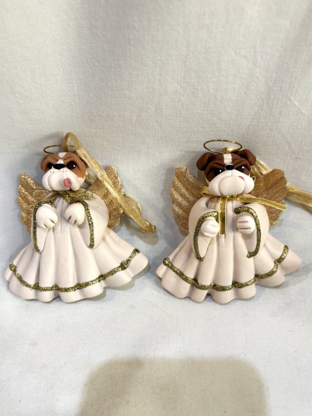 Pair of Bulldog Angel Clay Pottery Ornaments by Cecile Baird